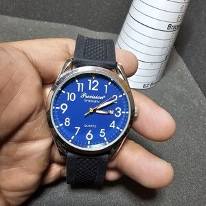 Precision By Gruen Mens Quartz Date Just Watch Working Silver Tone Blue Dial str